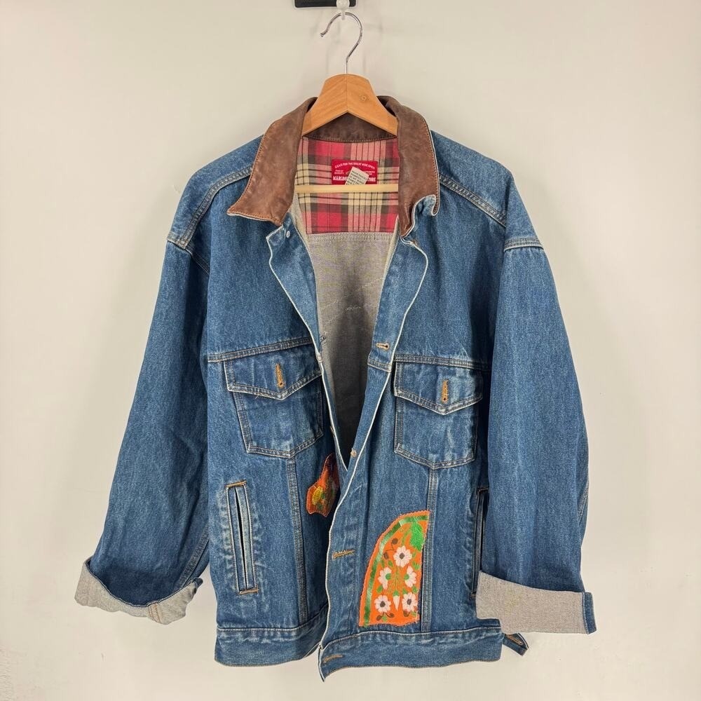 Vintage Marlboro Country Store Denim Jacket L Leather Collar Upcycled Embroidery